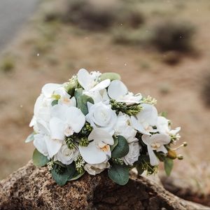 Eucalyptus Cascade Bridal Bouquet - Real Touch Orchids, Roses, Peonies, Hops